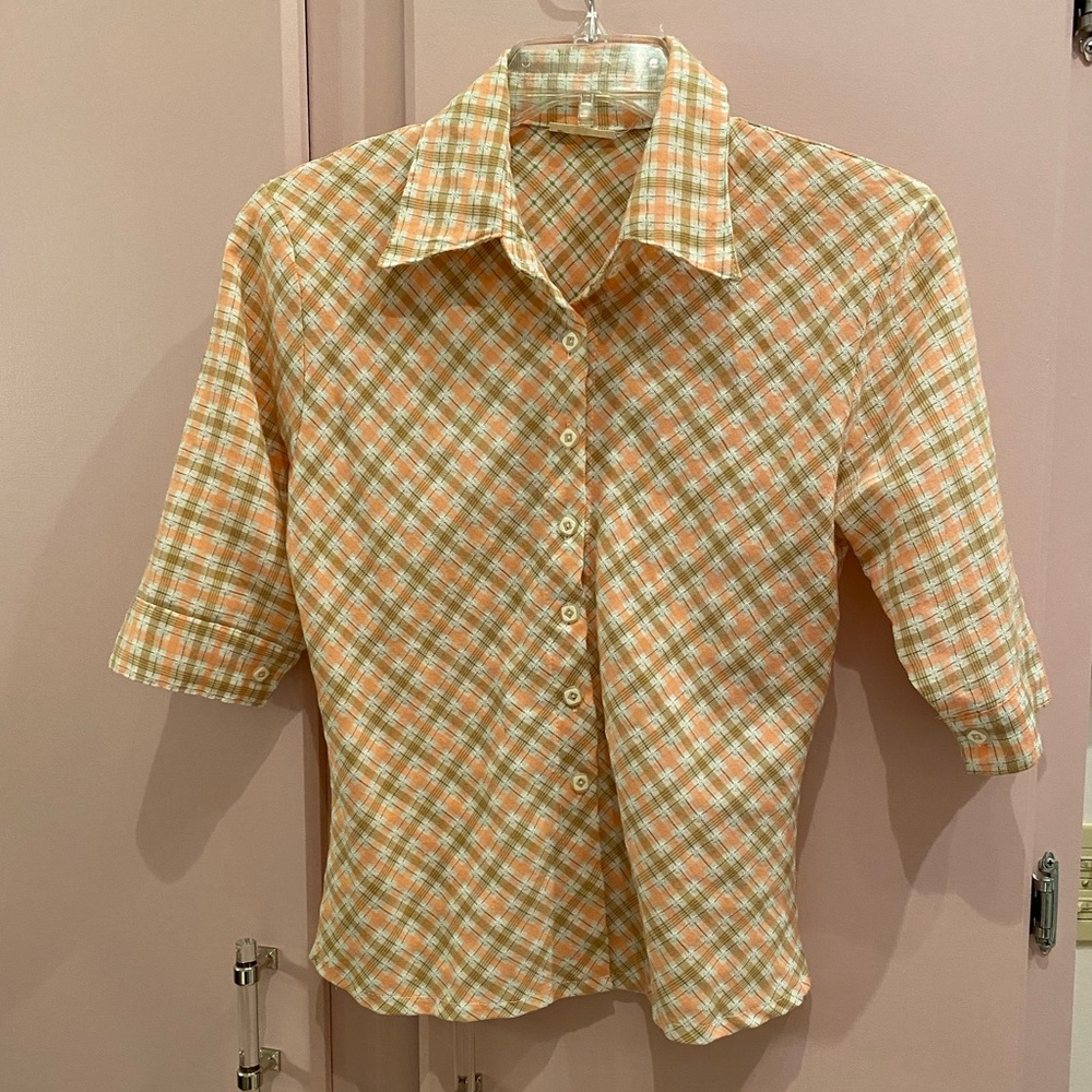 Retro Pattern Short Sleeve Shirt XS Peach And Cream Button Down Argyle Plaid